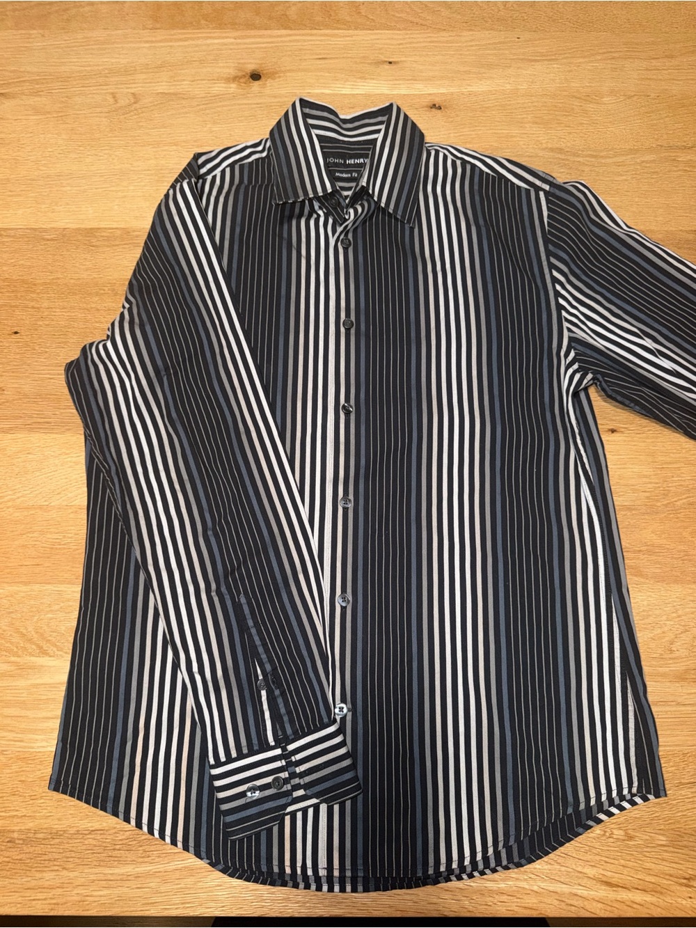 Men's Black & White Vertical Stripe Dress Shirt - Button Front